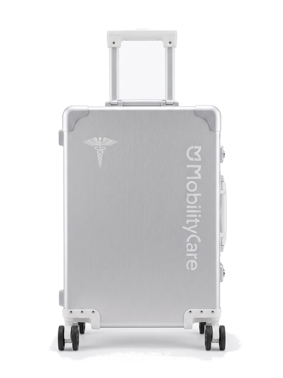 Valise médicale MC GlobeCare en aluminium brossé sur fond blanc